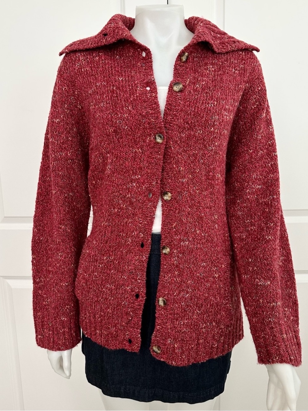 Fall Red Speckled Yarn Knit Oversized Button Front Cardigan Sweater - Teacher